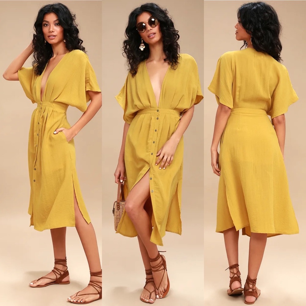 NEW Lost + Wander Poppy Mustard Yellow Button-Up Midi Dress